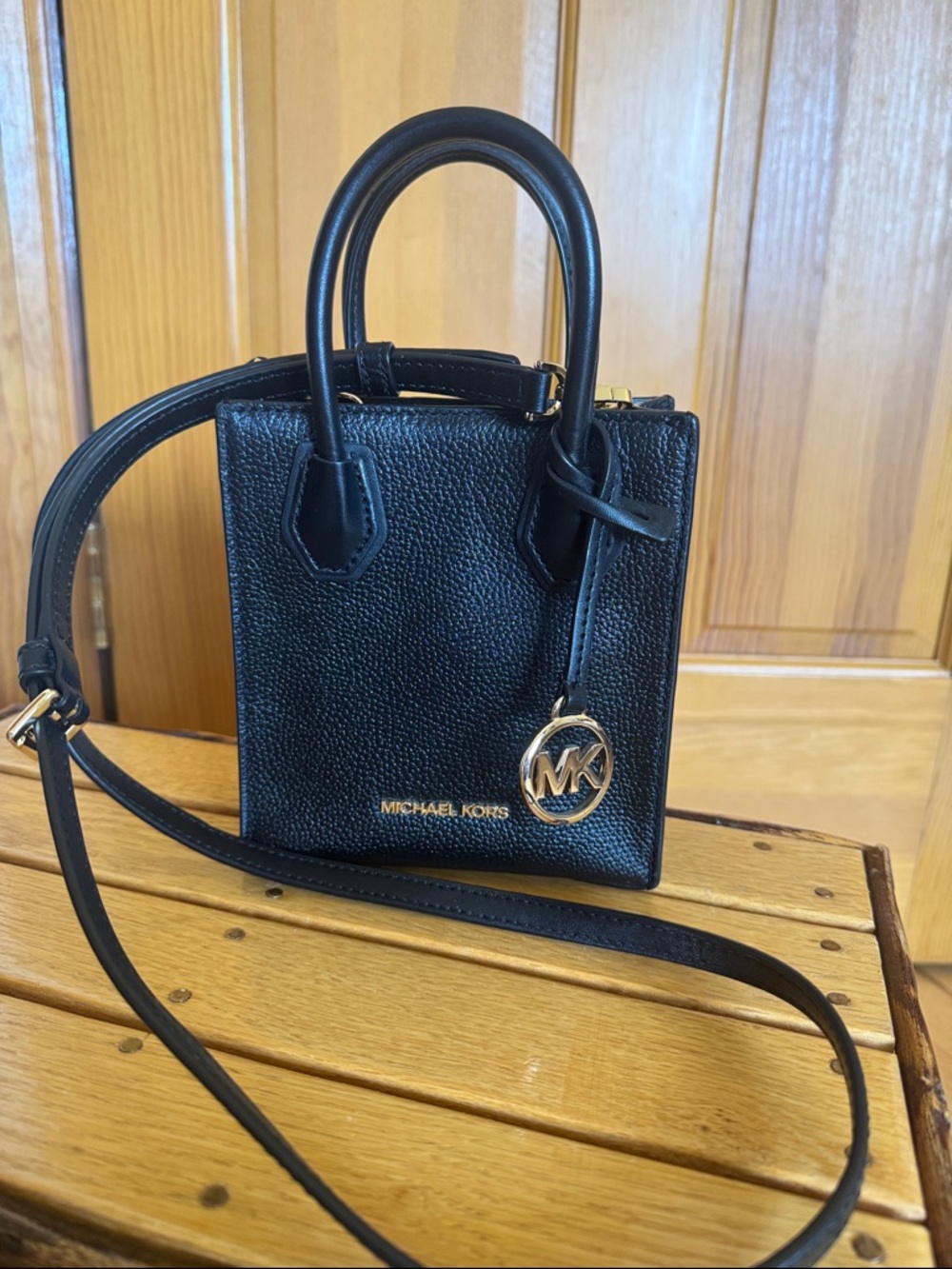MICHAEL KORS Black Pebbled Leather Mini Satchel with Gold Accent